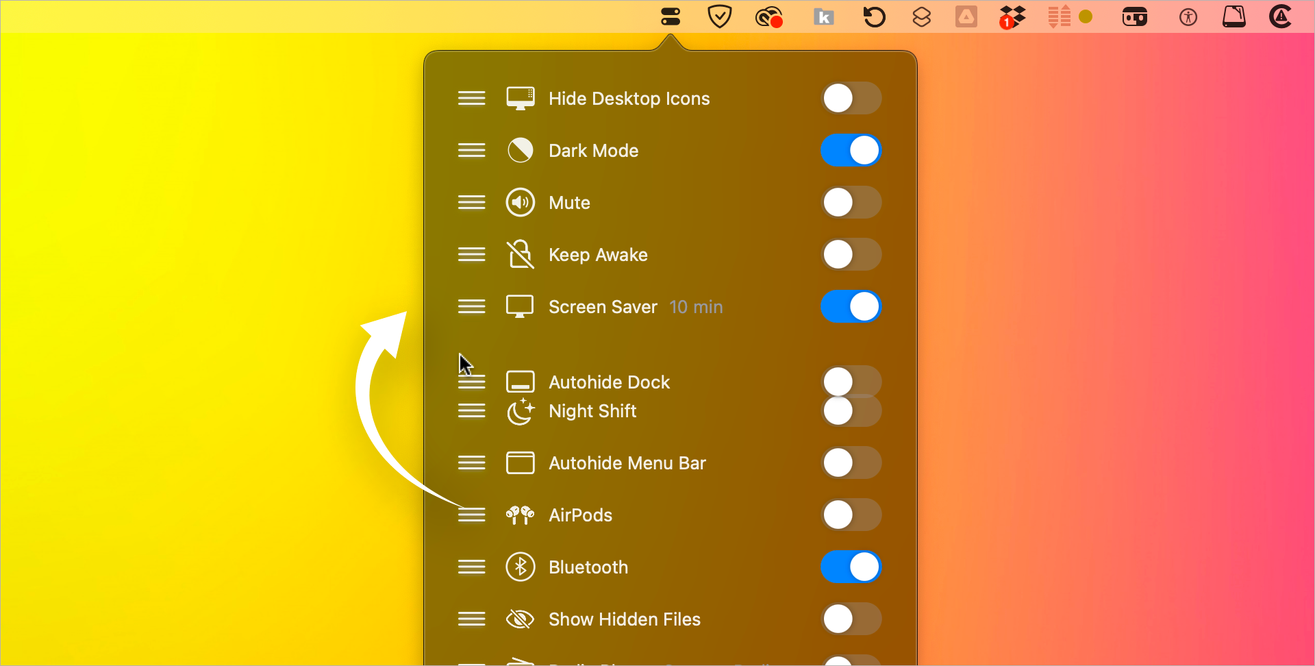 macOS • OnlySwitch ajoute des tas de fonctions dans la barre des menus